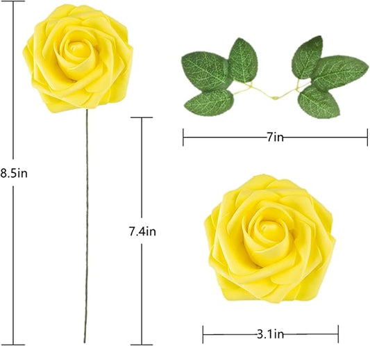 Artificial Flower Foam Rose 25pcs Real Looking Fake Rose with Stems Leaves for Home Decoration Party Garden Centerpieces DIY Wedding Bouquets（Yellow）