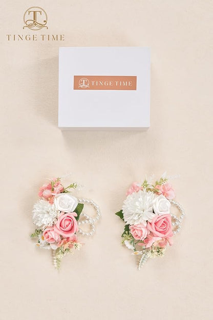 TINGE TIME Set of 2 Peach Pink Wrist Corsage Bracelets Pearl Wristlet Band Bridesmaid Bracelet for Wedding Ceremony Bridal Shower Wedding Artificial Flower Prom (Peach Pink)