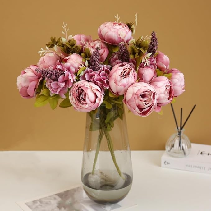 2 Packs Artificial Peony Flowers Silk Peonies Fake Flower Bouquet Arrangements for Home Wedding Party Decoration (Sweetened Bean)