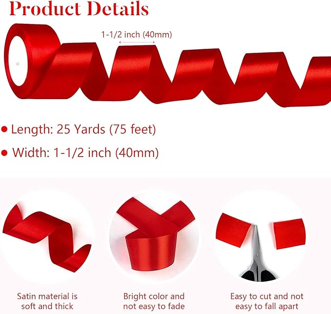 Red Satin Ribbon 1-1/2 Inch x 2 Rolls Red Wide Satin Fabric Ribbon for Gift Packaging, Christmas, Wedding, Flower Bouquet, Holiday Party, Invitation