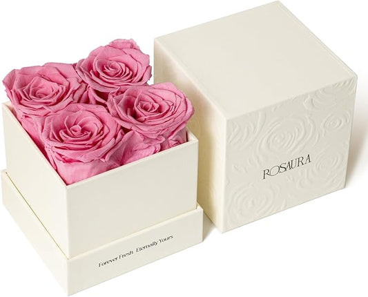Rosaura 4-Piece Eternal Preserved Roses & Flowers Gift Box - Forever Lasting Real Roses, Preserved Flowers for Christmas, Valentine's Day Pink