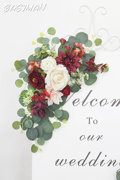 2pcs Wedding Arch Flowers,Wedding Artificial Sign Flower,Welcome Easel Door Decor Wall swags for Reception Backdrop Table Decorations Welcome Sign (Wine Red)