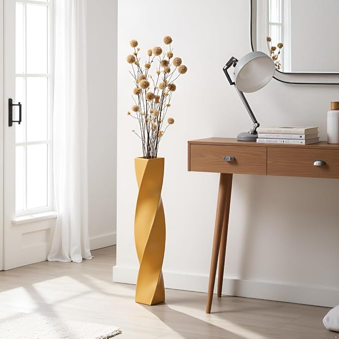 Tall Gold Floor Vase - 23.6 Inch Modern Square Twist Vases for Home Decor, Large Decorative Vase for Dried Flowers, Pampas Grass, Centerpiece - Matte Finish