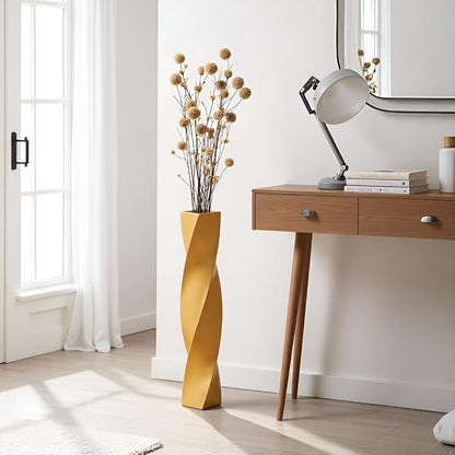Tall Gold Floor Vase - 23.6 Inch Modern Square Twist Vases for Home Decor, Large Decorative Vase for Dried Flowers, Pampas Grass, Centerpiece - Matte Finish