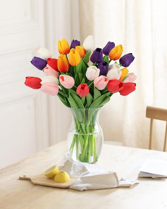 MACTING 30PCS Artificial Tulip Flowers 13.7" Fake Flowers Real Touch Faux PU Tulips Bouquet for Floral Arrangement Table Centerpieces Kitchen Home Kitchen Indoor Outdoor Summer Decor(Multi Colors-2)
