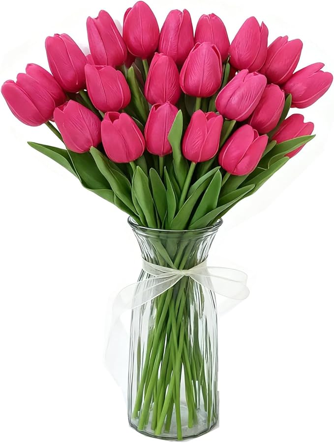 Pink Faux Tulips (20 Pcs) - Premium PU Artificial Flowers for Christmas & Thanksgiving Table Setting, Winter DIY Home Decor - 13.5" Real Touch