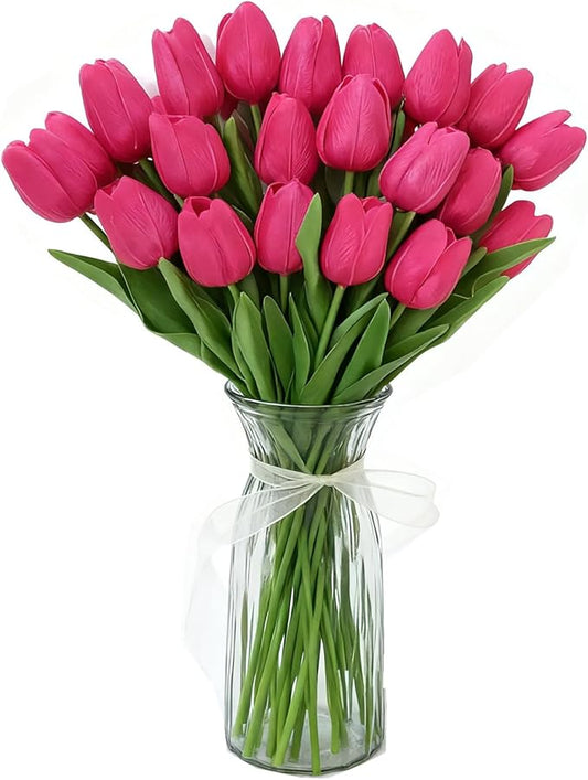 Pink Faux Tulips (20 Pcs) - Premium PU Artificial Flowers for Christmas & Thanksgiving Table Setting, Winter DIY Home Decor - 13.5" Real Touch