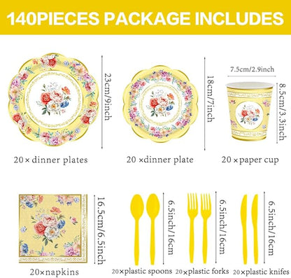 140Pcs Tea Party Decorations Tableware Set Floral Plates and Napkins for Birthday Party, Baby Showers, Bridal Showers, Wedding Bachelorette Party Supplies Floral Tea Party Plates, Serves 20 (Yellow)