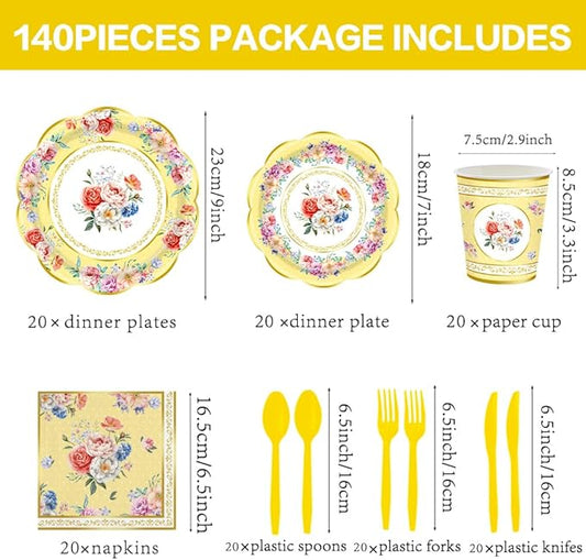 140Pcs Tea Party Decorations Tableware Set Floral Plates and Napkins for Birthday Party, Baby Showers, Bridal Showers, Wedding Bachelorette Party Supplies Floral Tea Party Plates, Serves 20 (Yellow)