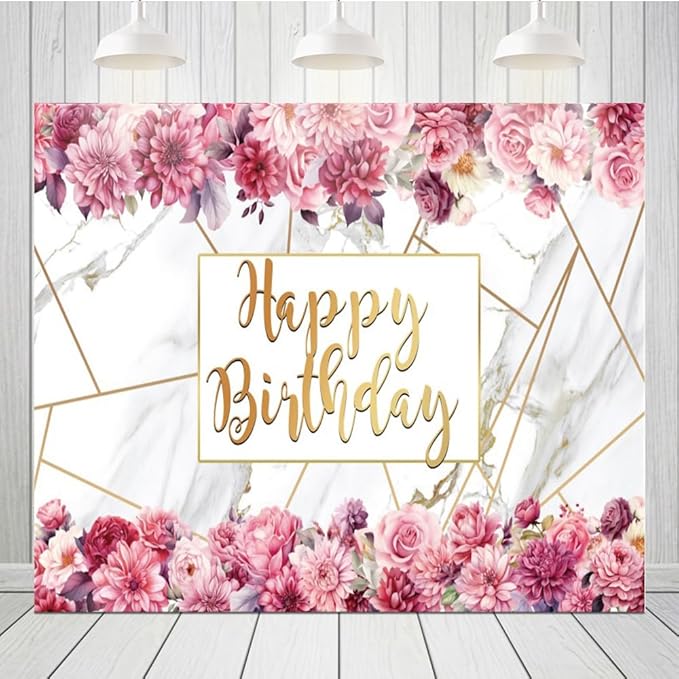 10x8ft Pink Floral Birthday Backdrop Girl Birthday Party Photography Background Watercolor Flower Marble Princess Women Bday Decorations Banner Cake Smash Photo Studio Props