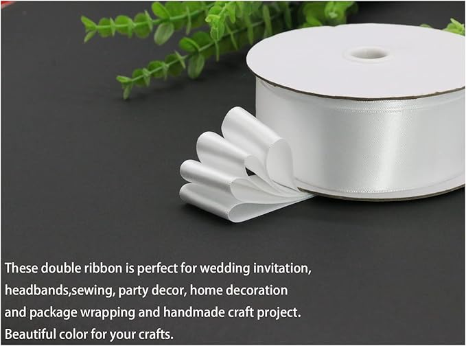 White Double Faced Satin Ribbon for Wedding Decorations 1-1/2 inch Flower Boutique Gift Wrapping Ribbon 1.5inch 50yards Fabric Silk Bow Ribbon for Valentine's Day,DIY Crafts Hair Headband-Sewing