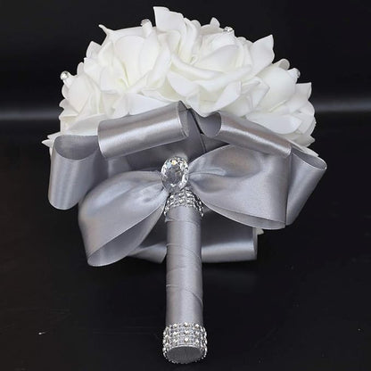 Wedding Bouquet, Silver Bouquet for Bride Bridesmaid with Diamond Soft Ribbons, Artificial Rose Bridal Holding Flowers for Party Church