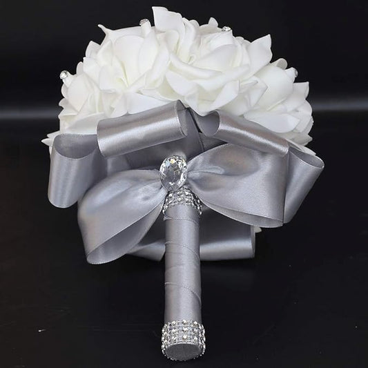 Wedding Bouquet, Silver Bouquet for Bride Bridesmaid with Diamond Soft Ribbons, Artificial Rose Bridal Holding Flowers for Party Church