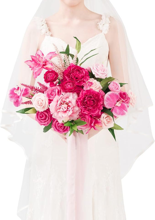 TINGE TIME 11 Inch Wedding Bouquets for Bride，HotPink Artificial Flowers Bouquet， Brides & Bridesmaids Bouquet for Wedding Anniversary Ceremony Bridal Shower Decorations
