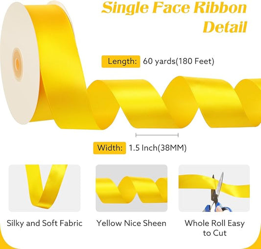 Yellow Ribbon 1 1/2 Inch 60 Yards Yellow Satin Ribbon for Fall Decor Harvest Party Crafts Gift Wrapping Flower Bouquet Memorials Holiday Christmas Decorations