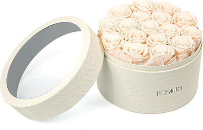 Rosaura Round Preserved Roses Gift Box - Real Forever Flowers for Birthday, Valentine's & Mother's Day (Champagne, 17 Roses)