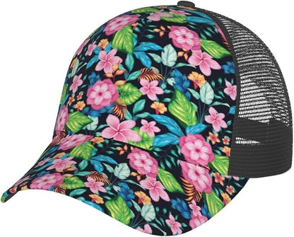Tropical Pink Flowers Hats Women Men Hawaii Trucker Hat Adjustable Snapback Mesh Baseball Cap Hat