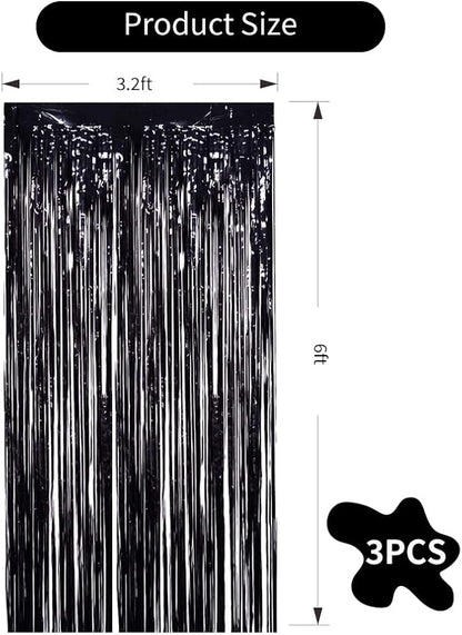 TONIFUL 3Pcs Black Door Streamers,Photo Booth Backdrop,Metallic Streamers Black Foil Fringe Curtains for Birthday,Christmas,New Year,St. Patrick's Day Halloween Party Streamers Decor(9.9ft x 6.6ft)