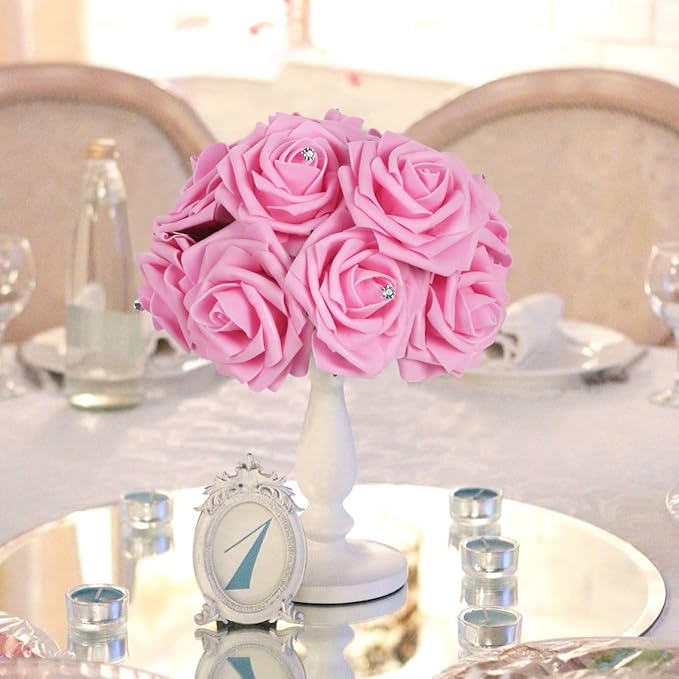 Pink Roses with Crystal 50PCS Artificial Roses with Stems2.95 Realistic Fake Roses Pink Foam Flowers for DIY Craft Corsage Wedding Bridal Shower Centerpieces Table Decor (Pink)