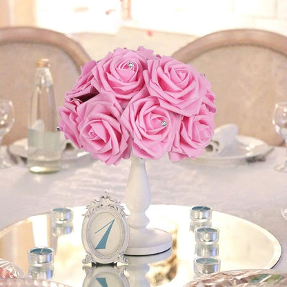Pink Roses with Crystal 50PCS Artificial Roses with Stems2.95 Realistic Fake Roses Pink Foam Flowers for DIY Craft Corsage Wedding Bridal Shower Centerpieces Table Decor (Pink)