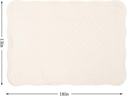 Quilted Placemats Set of 4 18"X13" Cotton Placemats Washable Cloth Table Mats for Kitchen Table (Cream White)