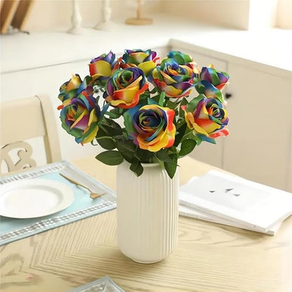 Laelfe 12 PCS Artificial Flowers Rainbow Roses Silk Flowers Fake Long Stem Artificial Colorful Roses for Christmas Home Wedding Bathroom Kitchen Decorations (Colorful)