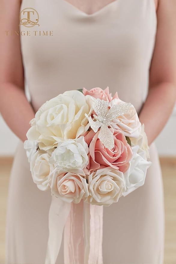 TINGE TIME Bridesmaid Bouquets for Wedding Set of 4 7 Inch Champange & Pink Wedding Bouquets Artificial Silk Flowers Bridal Bouquets for Bridesmaids, Wedding Decor, Anniversary, Party