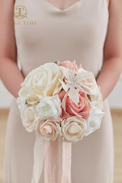 TINGE TIME Bridesmaid Bouquets for Wedding Set of 4 7 Inch Champange & Pink Wedding Bouquets Artificial Silk Flowers Bridal Bouquets for Bridesmaids, Wedding Decor, Anniversary, Party