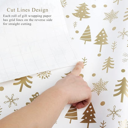 KIMOBER 4 Rolls Christmas Wrapping Paper with Cut Lines on Reverse,Coated Paper with Golden Christmas Elements(30in × 144in Per Roll)