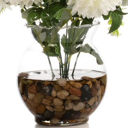 ENOVA FLORAL 7 Heads Silk Marigold Artificial Flowers in Vase,Faux Marigold Flowers Arrangement in Round Bowl Vase with Faux Water and River Rock for Table Decor Centerpieces (Marigold-Cream)