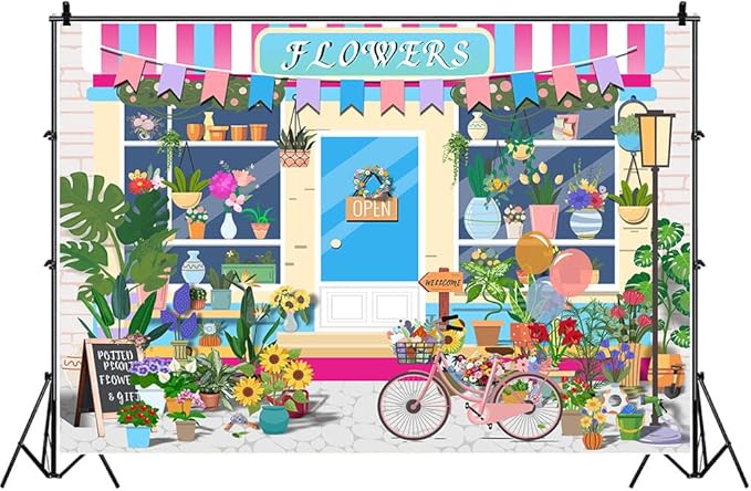 HANYING 10x7ft Cartoon Flower Shop Photo Backdrop Floral Pot Plants Gardening Bicycle Photo Background Gifts Florists Baby Girls Birthday Bridal Shower Party Decorations Supplies HY030DX