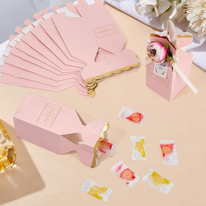 MAYJOYDIY 12 Pack 3D Flower Candy Boxes with Ribbons 2.24x2.24x5.51 Inch Pink Gift Favor Boxes Paper Candy Storage Containers for Wedding Shower Anniversary Birthday Party Celebration