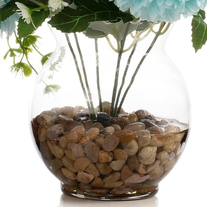 ENOVA FLORAL 7 Heads Silk Marigold Artificial Flowers in Vase,Faux Marigold Flowers Arrangement in Round Bowl Vase with Faux Water and River Rock for Table Decor Centerpieces (Marigold-Aqua)