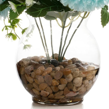 ENOVA FLORAL 7 Heads Silk Marigold Artificial Flowers in Vase,Faux Marigold Flowers Arrangement in Round Bowl Vase with Faux Water and River Rock for Table Decor Centerpieces (Marigold-Aqua)