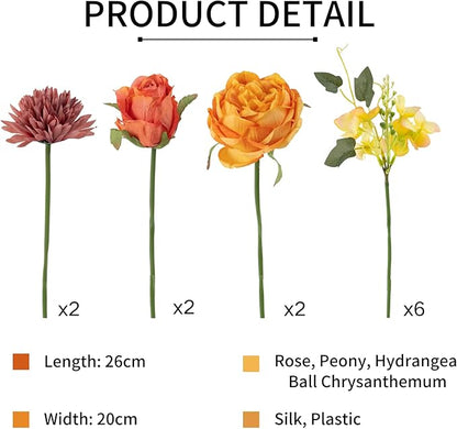 ASTRYAS 2 Bundles Artificial Flowers Bouquet, Fake Peony Silk Chrysanthemums Roses Faux Floral Arrangements for Home Decor Kitchen Table Centerpieces Decoration (Beige & Orange)