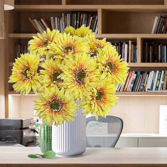17.5'' Faux Gerbera Daisy Artificial Flowers,10 Pcs Silk Fake Daisies Flowers for Home Kitchen Living Room Bathroom Décor (10, Yellow)
