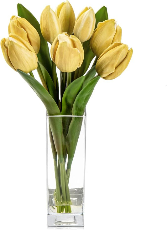 Briful Fake Flowers Artificial Tulip Flower Khaki in Clear Vase, Real Touch EVA Tulip Arrangement Suitable for Home Office Fall Decoration, Dining Table Centerpiece
