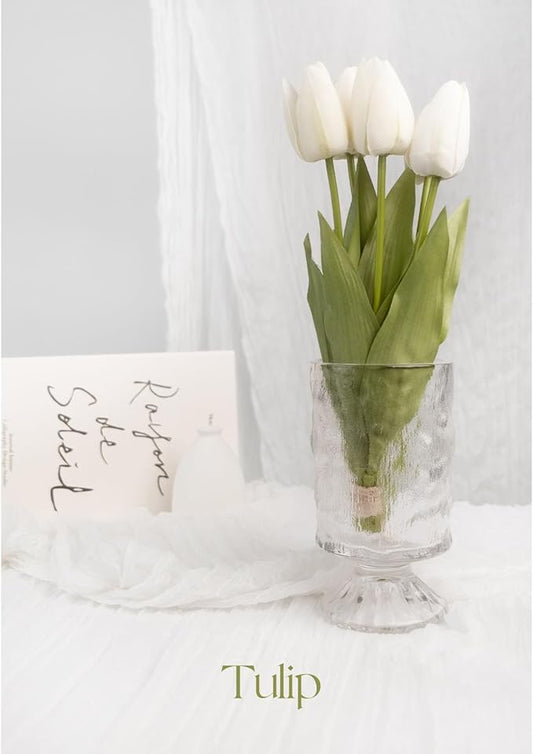 18in Artificial Tulips Flowers, 5 Pcs Real Touch Soft Latex Fake Tulip Flowers with Stems for Spring Bouquet Easter Wedding Floral Arrangement Home Party Office Kitchen Decor - White