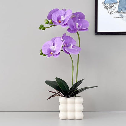 Artificial Orchid Flowers, 14 Inches Tall, Purple, Set in White Vases for Home Decor Orchid Artificial Flowers