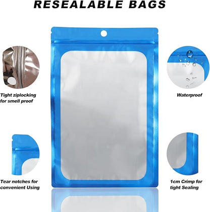 400 Pack 4 Size Bags with Clear Window,Scratch Resistant Hand Holographic Packaging Pouch,Resealable Bag for Small Bussiness Cookies Jewelry Candy Sample (Blue, 2.4×3.9,3x4.7,4×7,5.5×7.9 inch)