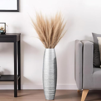 Tall Floor Vase, 27.5 inches (70cm, 2.3FT) Tall Vases Sturdy, Luxury, Textured for Decorative Branches Dried Flowers, Floor Vase for Rustic Living Room, Modern Decor, Resin Silver Vases