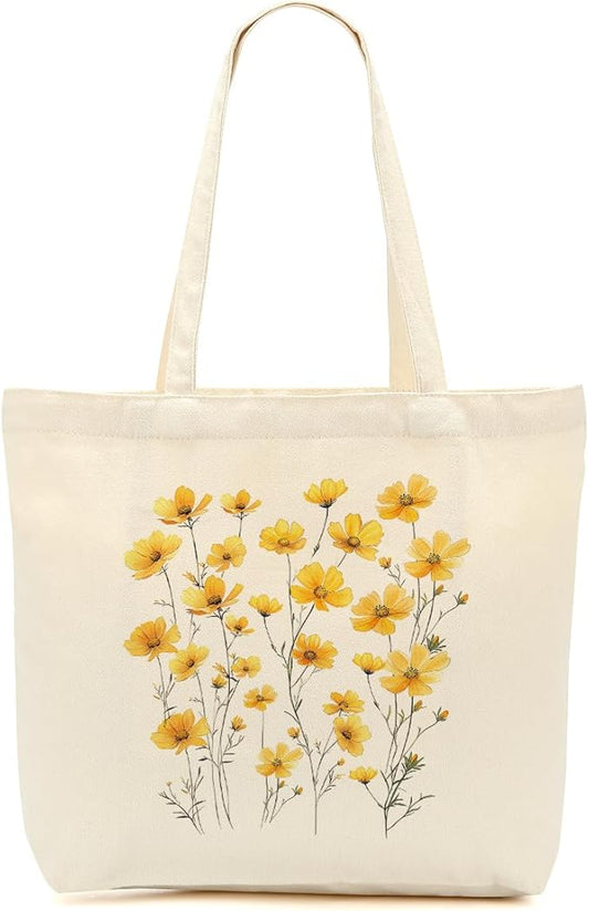 Aesthetic Floral Canvas Tote Bag for Women with Pocket, Tote Bags for Grocery Shopping Work Gym Christmas Birthday