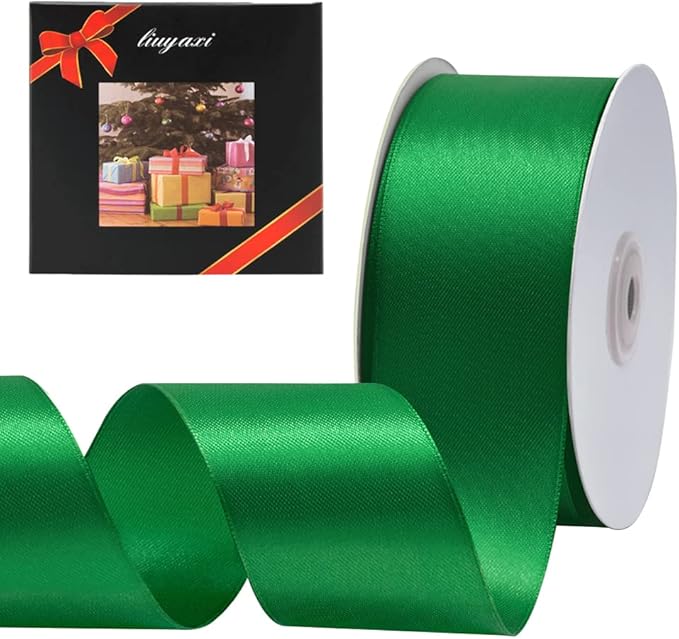 LIUYAXI Green Double Faced Satin Ribbon, 2" X Continuous 25 Yards, Ribbons Perfect for Gift Wrapping Wedding Bouquet Decor DIY Craft Bow Making & Other Projects
