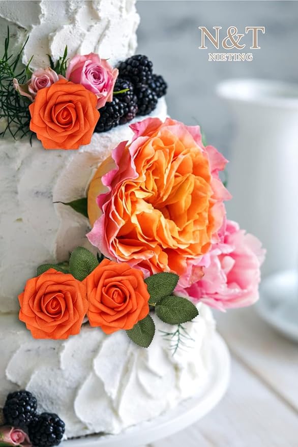 N&T NIETING Artificial Fall Flowers Fake Flowers Orange Roses Perfect for DIY Wedding Bridal Bouquets Centerpieces Bridal Shower Party Home Flower Arrangement Thanksgiving Decorations, 25Pcs