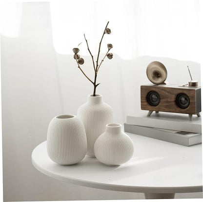 3Pcs Ceramic Vases, Ribbed Vase Set, Minimalist White Home Decor for Farmhouse, Coffee Table, Bookshelf Ceramic Vase