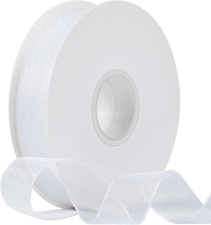 Sheer Organza Ribbon 1 Inch Chiffon Ribbons for Gift Wrapping, Flower Bouquet, 50 Yards/Roll (White)