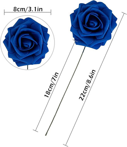 25pcs Artificial Flower Foam Rose Real Touch Roses Flower Heads with Stem for DIY Wedding Bouquets Centerpieces Arrangements Party Baby Shower Home Decor (Royal Blue)