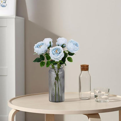 IPOPU Blue Roses Artificial Flowers 5PCS Real Touch Peonies Faux Austin Roses with Stems for Wedding Bouquet Party Home Decor (Blue)