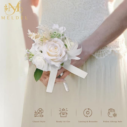 Meldel Set of 6 Wedding Flowers Fake Rose Mini Bridesmaid Bride Bouquets Ivory White Small Floral Wedding Centerpieces Decor Artificial Flower Arrangements for Tables Home Party Decorations