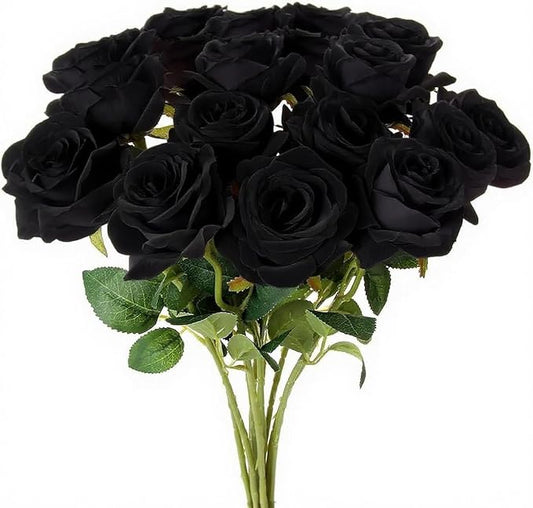 Black Roses Artificial Flowers 15 PCS, Fake Roses Silk Flowers with Long Stems, Faux Rose for Wedding Centerpieces, Home Decor, Indoor Floral Arrangements, Party Decor, DIY Bouquet (Black)